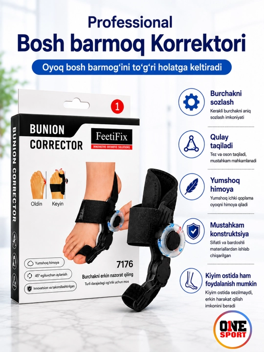 Sozlanadigan bosh barmoq korrektori (Halluks Valgus uchun ortopedik fiksator)