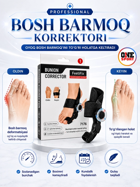 Sozlanadigan bosh barmoq korrektori (Halluks Valgus uchun ortopedik fiksator)