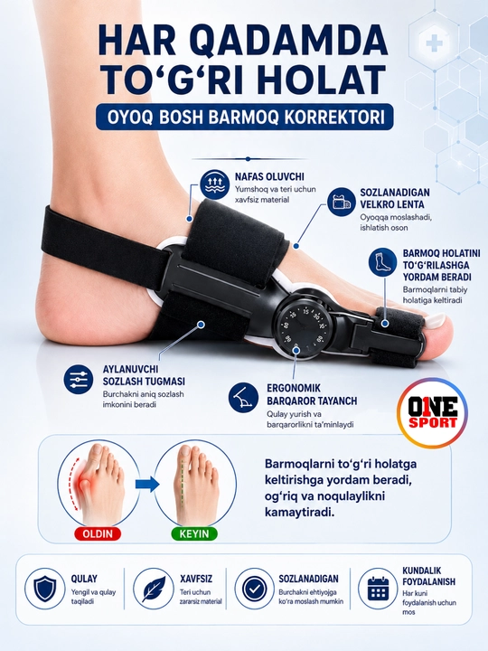 Sozlanadigan bosh barmoq korrektori (Halluks Valgus uchun ortopedik fiksator)