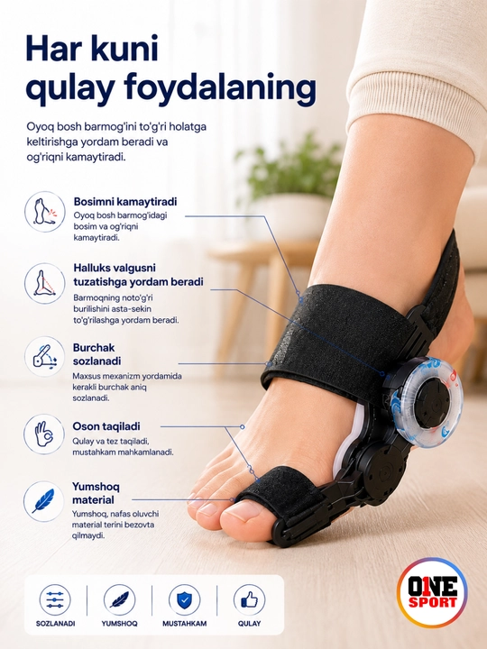 Sozlanadigan bosh barmoq korrektori (Halluks Valgus uchun ortopedik fiksator)
