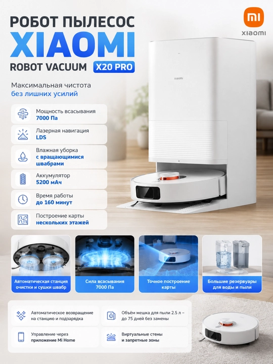 Робот-пылесос Xiaomi Robot Vacuum X20 Pro, сухая и влажная уборка, станция самоочистки - 