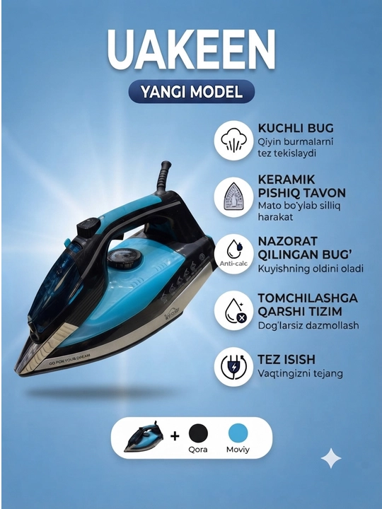 Uakeen ZL-810 bug‘li dazmoli – 2400W quvvat va keramika taglik - 