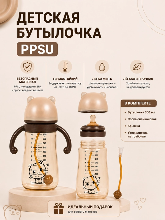 Детская бутылочка PPSU с утяжелённой трубочкой и ручками