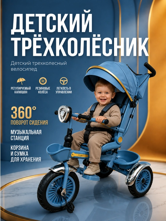 Детский трёхколесный велосипед-с поворотом сиденья на 360 градусов, 3 в 1 вело-коляска - 