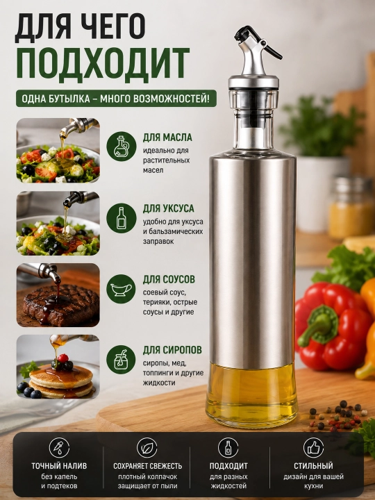 Стеклянная бутылка-дозатор для масла, уксуса и жидкостей - удобный кухонный аксессуар
