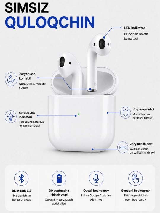 Simsiz quloqchinlar, sensorli, iPhone va Android uchun - 