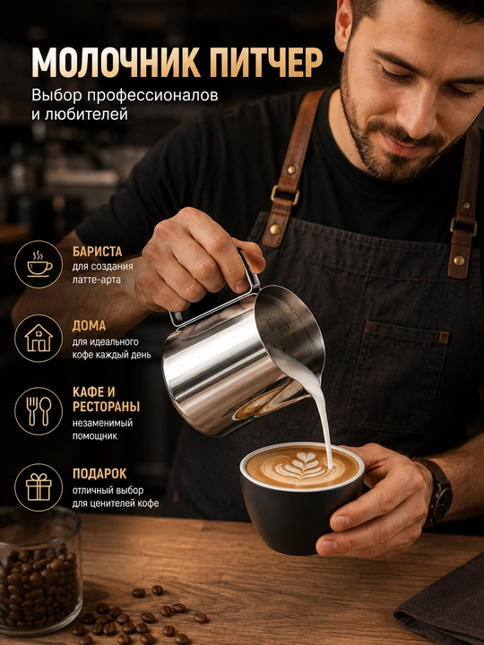 Kofe pitcheri 350 ml zanglamaydigan po‘latdan – sut ko‘pirtirish va latte-art uchun