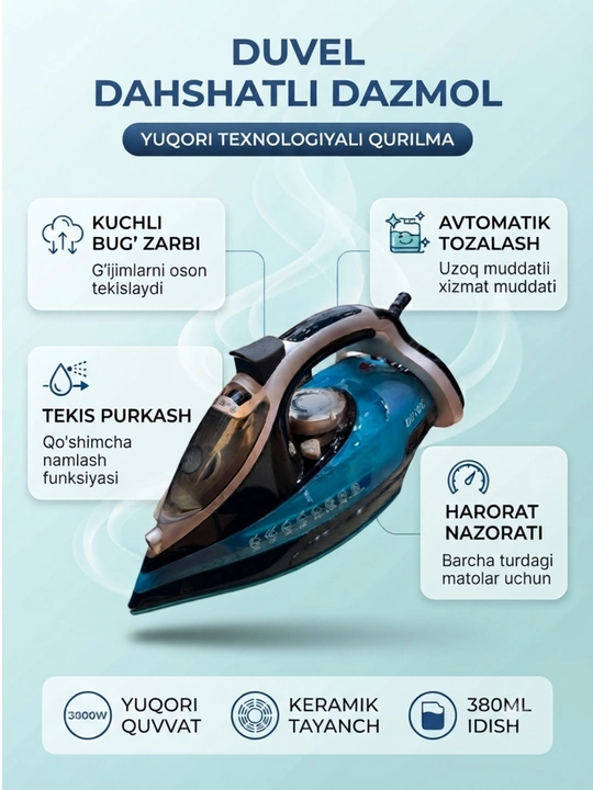 DUVEL HIGH-END STEAM IRON (DL-234) Alo sifatdagi Bug'li dazmoli - 