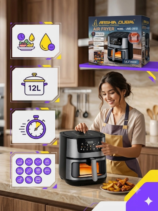 ArshiaDubay Smart aerogril yog'siz pishirish uchun, 12 funksiyali multipech, 12 litr 3800W