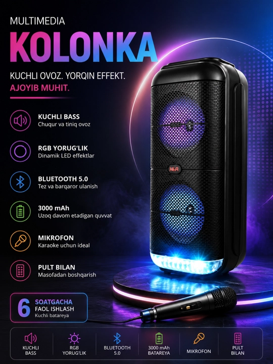 Премиальная Bluetooth караоке-колонка 3000W с RGB LED, микрофоном и поддержкой USB/TF - 