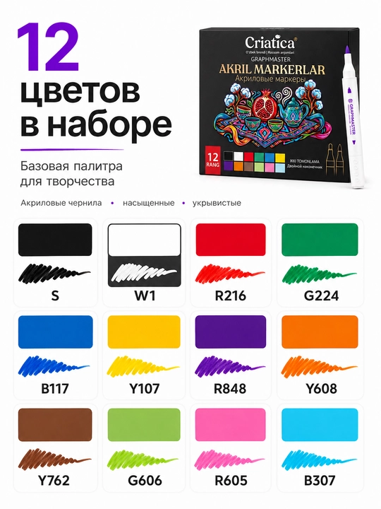 Акриловые маркеры Criatica®, 12 цветов, 2 наконечника