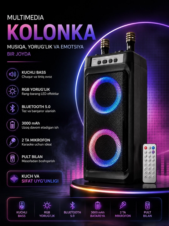 Bluetooth караоке-колонка 3000W с RGB LED, двумя беспроводными микрофонами и пультом - 
