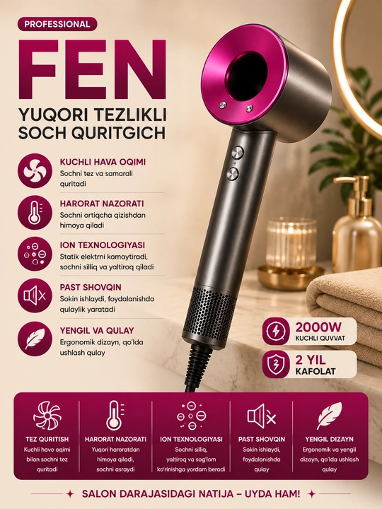 Professional fen, ionli soch quritgich, tez quritish, harorat nazorati - 