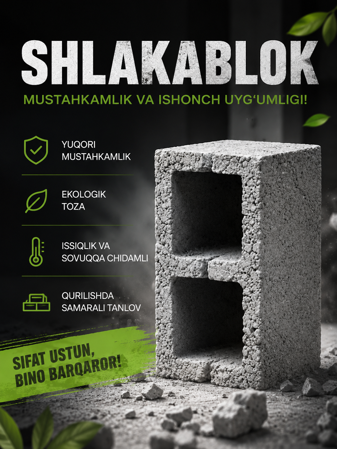 Qurilish shlakobloki - Devorlar qurish va ishonchli qurilish uchun mustahkam blok - 