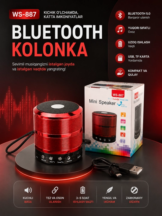 Портативная Bluetooth колонка WS-887 с FM, USB, TF, AUX беспроводной динамик - 