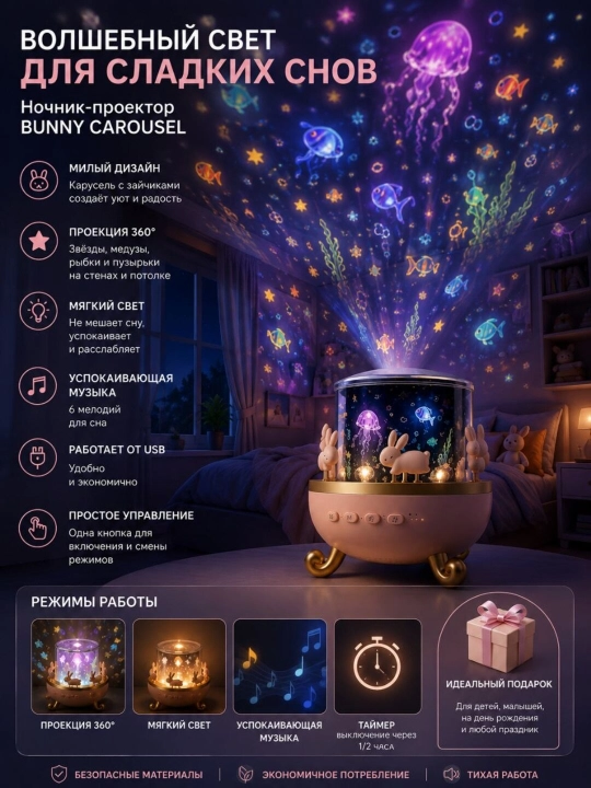 Ночник, ночной проектор, лампа-проектор, детский ночник Bunny Carousel