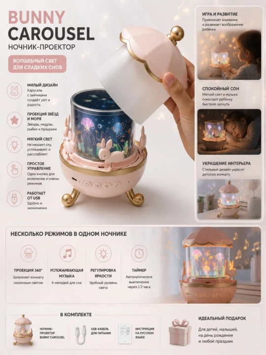Ночник, ночной проектор, лампа-проектор, детский ночник Bunny Carousel - 