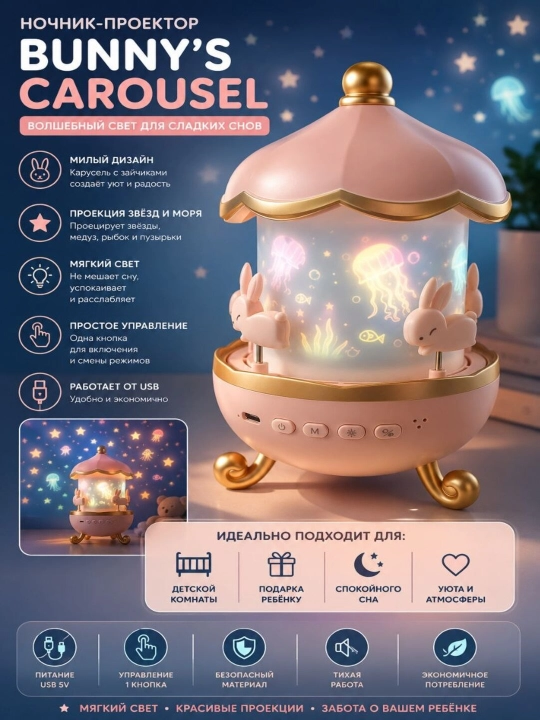 Ночник, ночной проектор, лампа-проектор, детский ночник Bunny Carousel