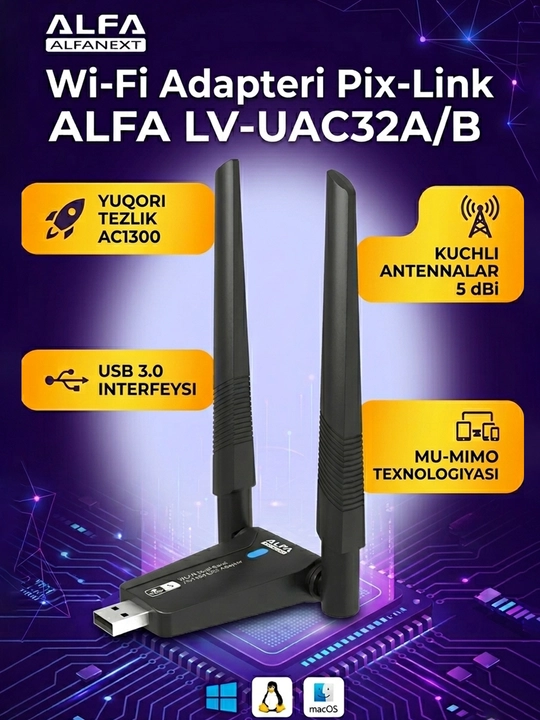Вай-фай адаптер Pix LINK UAC32, ac1300, 5GHz, 867Mbps, 2.4 GHz, 400Mbps адаптер - 