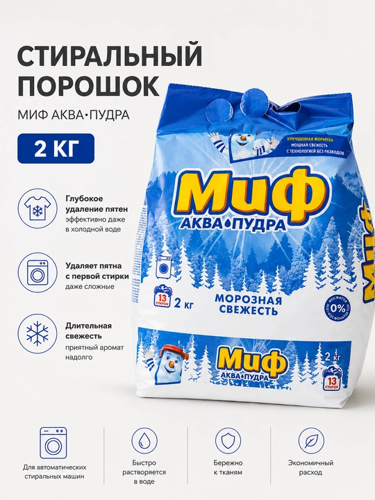 Kir yuvish kukuni Mif, 2 kg, avtomat, oq va rangli kiyimlar uchun - 