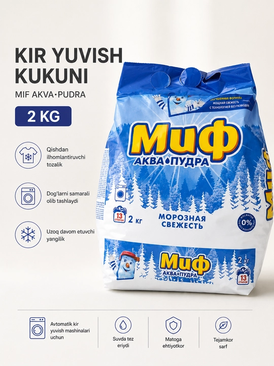 Kir yuvish kukuni Mif, 2 kg, avtomat, oq va rangli kiyimlar uchun