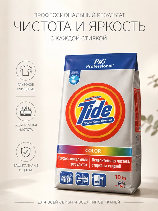 Tide Professional Color Akvapudra — rangli kiyimlar uchun kir yuvish kukuni, 10 kg - 