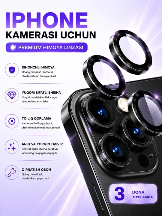 Kamera uchun himoya oyna iPhone 13 Pro, 11, 12, 14, 15, 16, 17 Pro/Pro Max g`ilof - 