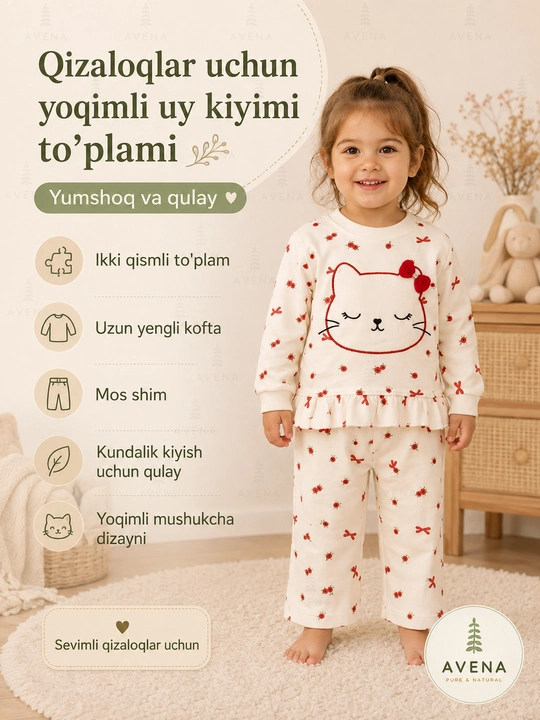 Детская пижама для девочки, кошечка, цветы, бант, принт, кофта с воланом, брюки, белый 