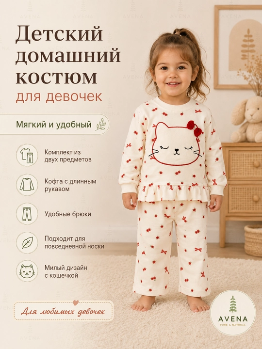 Детская пижама для девочки, кошечка, цветы, бант, принт, кофта с воланом, брюки, белый 