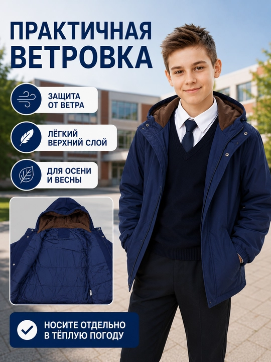 Куртка для мальчика зимняя 2 в 1, ветровка с флисовой кофтой и капюшоном, 90-150