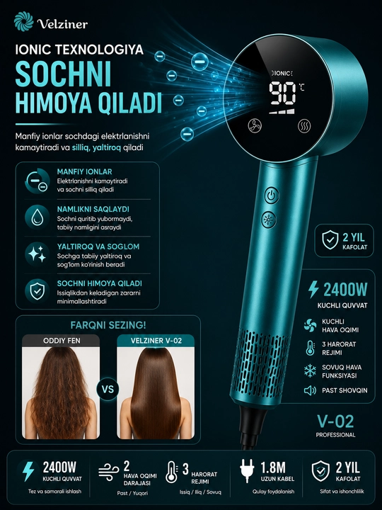 Professional ionli soch quritgich Velziner V-02, 2400W, tez quritish, past shovqin - 