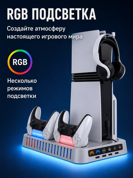 PlayStation uchun sovutgichli taglik va geympadlar uchun o‘rnatilgan zaryadlash stansiyasi