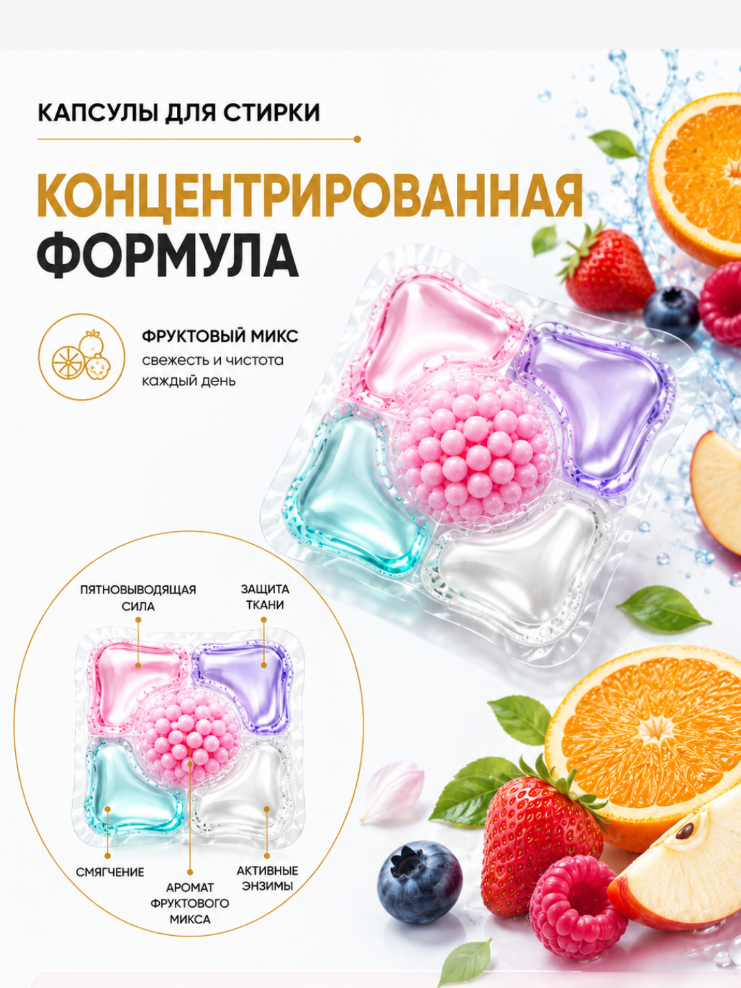 Капсулы для стирки 5 в 1, глубокое очищение и стойкий аромат 100 штук