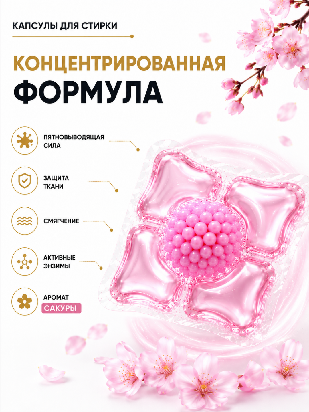 Капсулы для стирки 5 в 1, глубокое очищение и стойкий аромат 100 штук