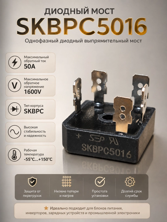 Диодный мост выпрямительный SKBPC5016, 50A, 1600V, однофазный - 