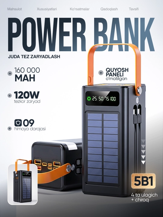 Внешний аккумулятор power bank с быстрой зарядкой, 50000, 100000, 160000, 7 в 1 - 