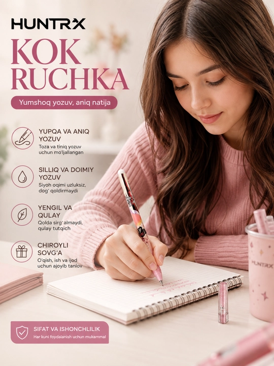 HUNTRX ko'k siyohli gel ruchka 0.5 mm, yumshoq yozuvchi maktab va ofis uchun