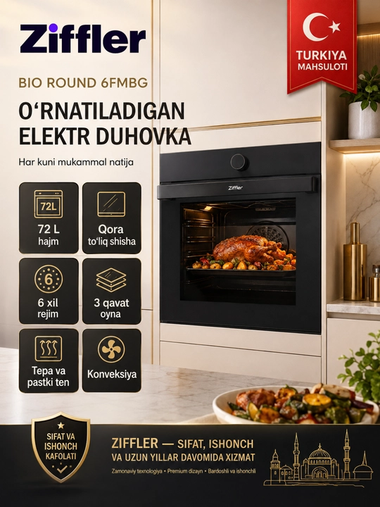 Ziffler o‘rnatiladigan elektr duxovkalari — keng hajm, konveksiya va zamonaviy dizayn - 