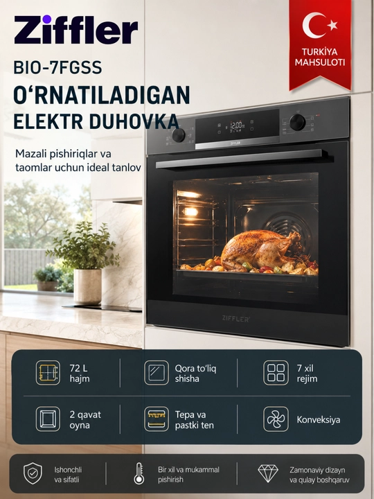 Ziffler o‘rnatiladigan elektr duxovkalari — keng hajm, konveksiya va zamonaviy dizayn - 