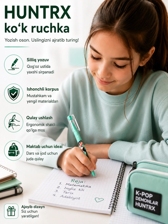 HUNTRX ko'k siyohli gel ruchka 0.5 mm, yumshoq yozuvchi maktab va ofis uchun
