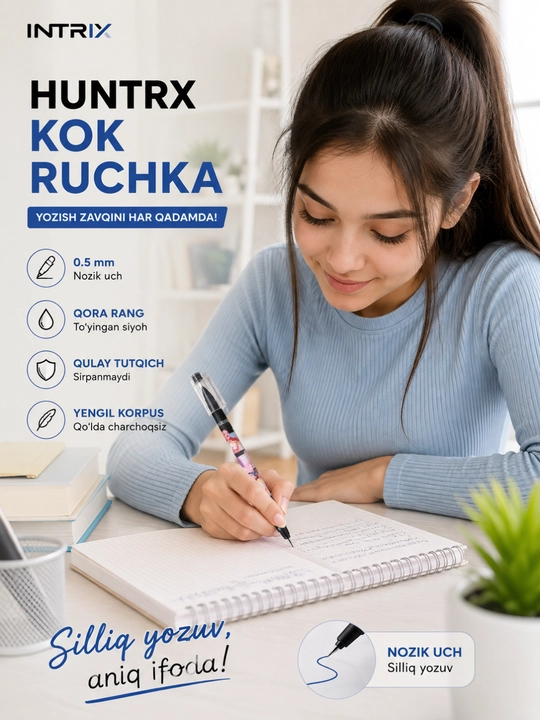 HUNTRX ko'k siyohli gel ruchka 0.5 mm, yumshoq yozuvchi maktab va ofis uchun