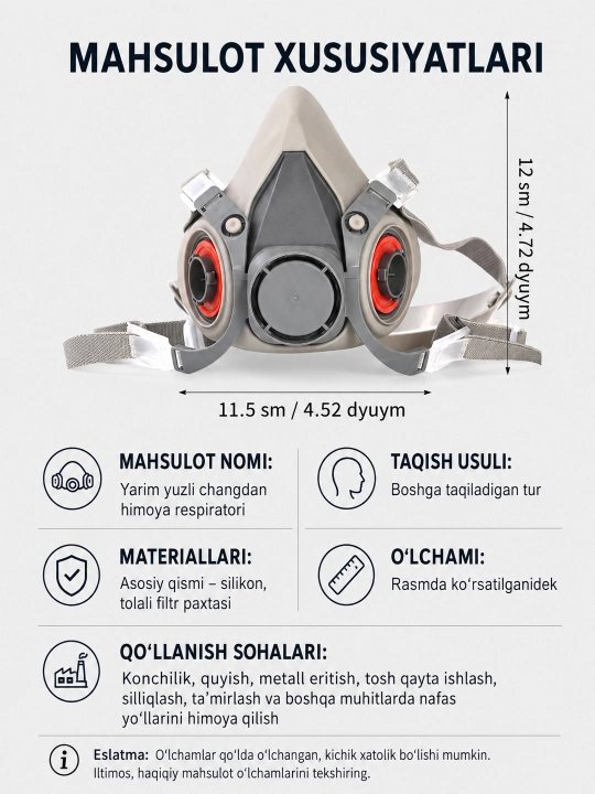 Yarim yuz respiratori filtrli, himoya ko‘zoynagi bilan bo‘yoq va ta’mirlash uchun