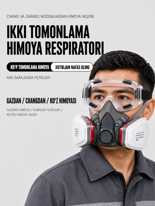 Yarim yuz respiratori filtrli, himoya ko‘zoynagi bilan bo‘yoq va ta’mirlash uchun