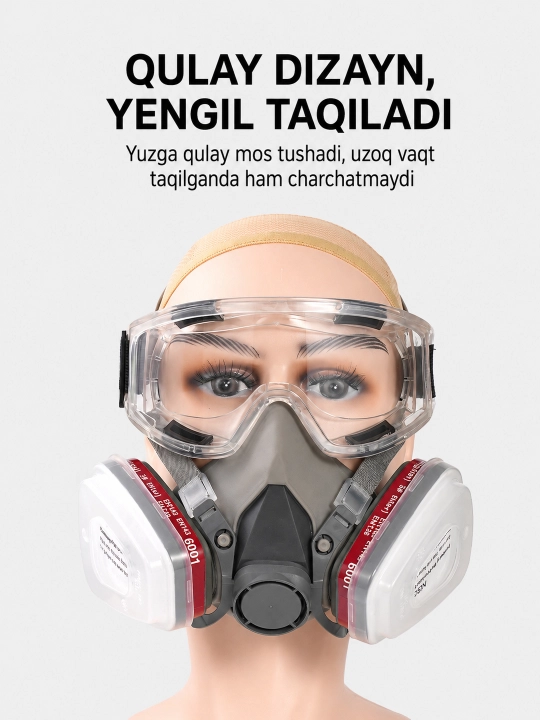 Yarim yuz respiratori filtrli, himoya ko‘zoynagi bilan bo‘yoq va ta’mirlash uchun