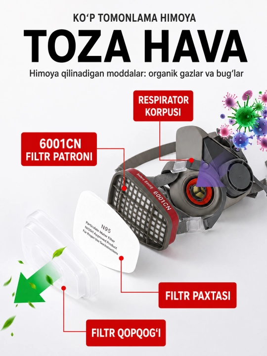 Yarim yuz respiratori filtrli, himoya ko‘zoynagi bilan bo‘yoq va ta’mirlash uchun