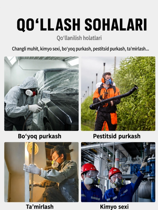 Yarim yuz respiratori filtrli, himoya ko‘zoynagi bilan bo‘yoq va ta’mirlash uchun