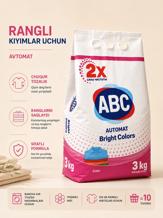 ABC avtomat kir yuvish kukuni, 3 kg, universal - 