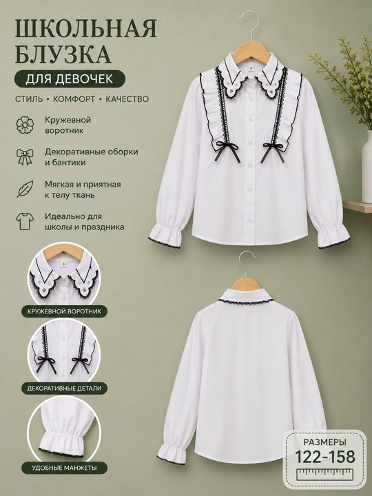 Школьная блузка для девочки с кружевным воротником
