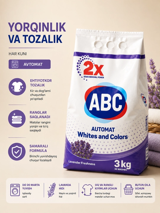 ABC avtomat kir yuvish kukuni, 3 kg, universal