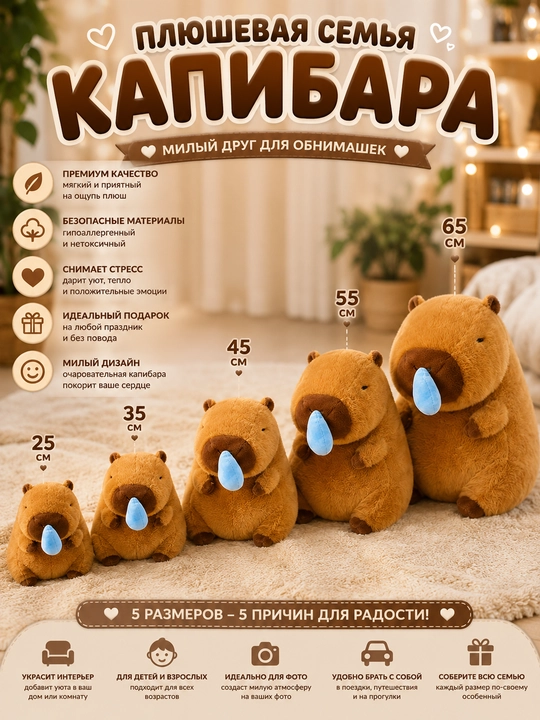 Capybara baxmal o‘yinchog‘i - 25, 35, 45, 55, 65 sm